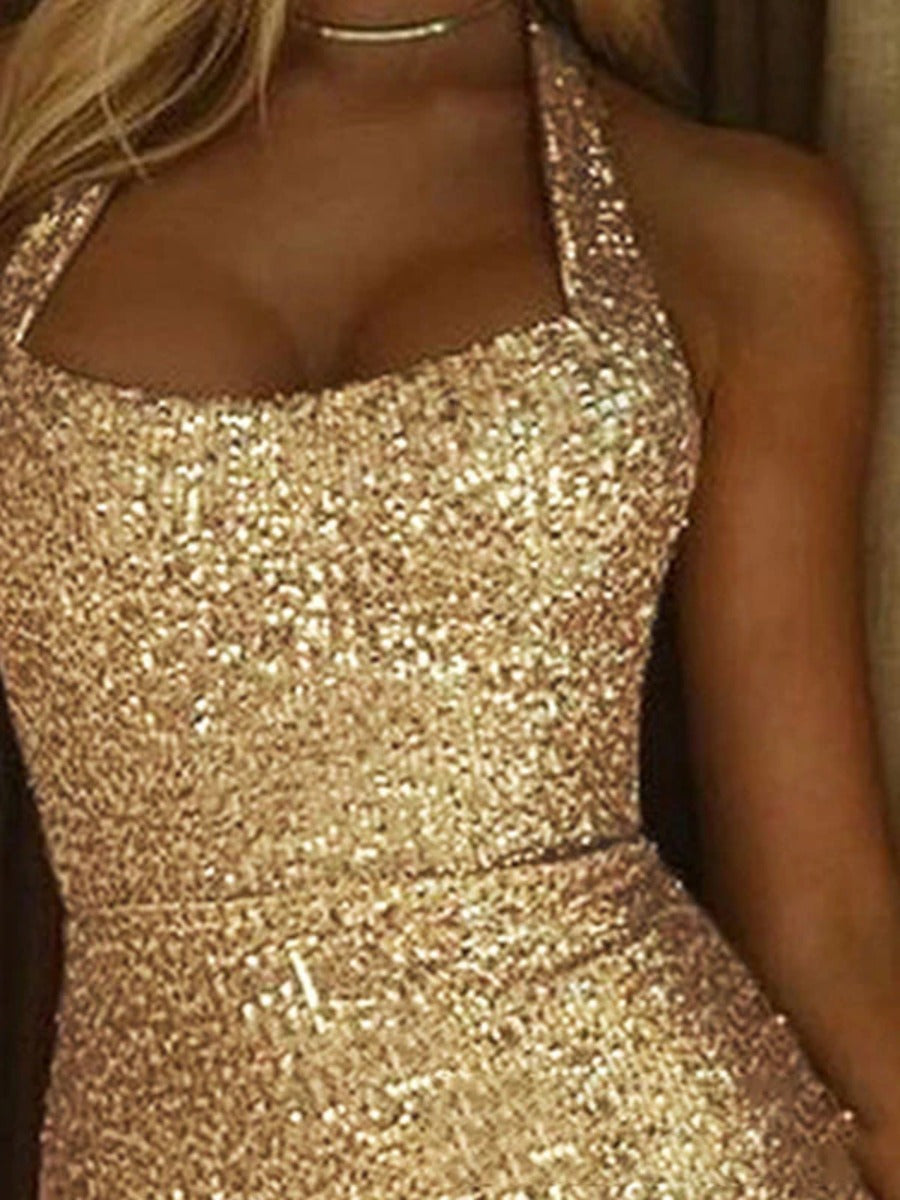Onbely Mode Robe Dorée Longue bretelle Bretelle de Cocktail à Brillante Paillette