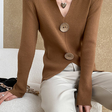 Onbely pull en maille moulante Col en V boutons pour femme mode