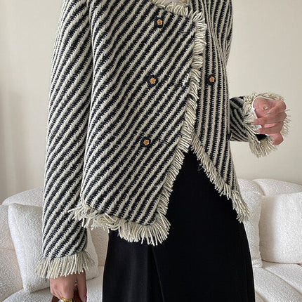 Onbely veste courte rayée en tweed avec frange et poches pour femme élégante
