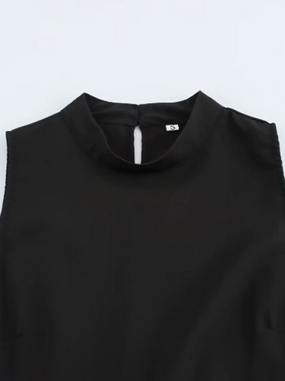Onbely Robe Midi Bicolore noir et blanc plissé Sans Manches col rond Cocktail