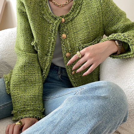 Onbely veste courte en tweed boutonnage avec poches col rond femme mode