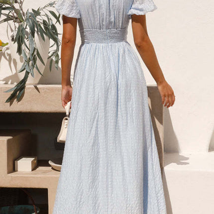 Onbely robe longue boutonnage v-col manches bouffantes élégant