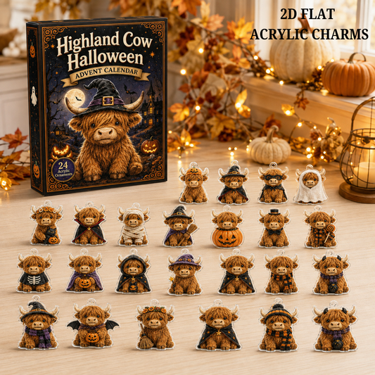 Highland Cow Halloween Advent Calendar 2026 - 24-Day Festive Countdown, Acrylic Charms Blind Box - Gift For Cute Collectors