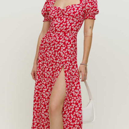 Onbely mi-longue robe imprimé à fleurie fendu le côté manches bouffantes vacances rouge