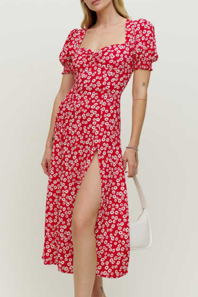 Onbely mi-longue robe imprimé à fleurie fendu le côté manches bouffantes vacances rouge
