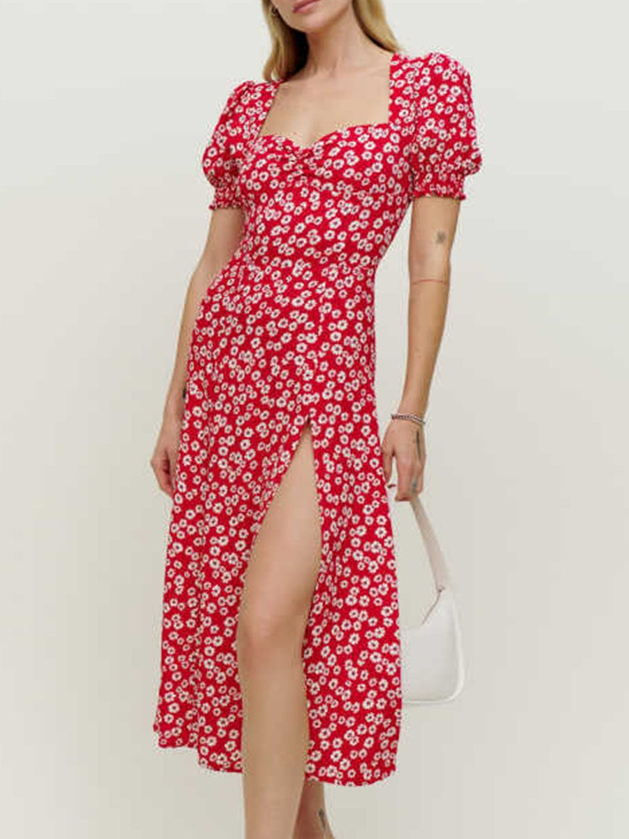 Onbely mi-longue robe imprimé à fleurie fendu le côté manches bouffantes vacances rouge