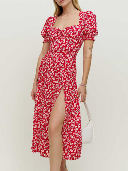 Onbely mi-longue robe imprimé à fleurie fendu le côté manches bouffantes vacances rouge