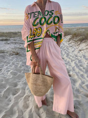 Onbely ensembles deux pièces femme style boyfriend décontracté avec pantalon à motif lettres et haut à col chemise manches longues