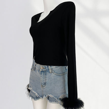 Onbely Haut Mode pour Femme avec Plumes et Manches Longues en Coton et Polyester