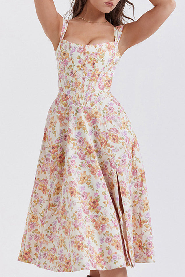 Onbely mi-longue robe trapèze imprimé à fleurie fendu le côté bustier dos nu à fines brides doux vacances tous les jours boho dress