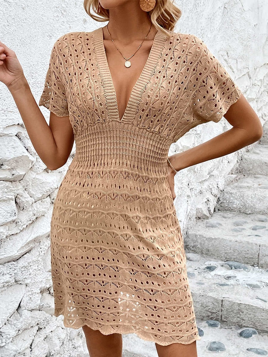 Onbely mi-longue robe unicolore col en V manches au coude taille élastique hawaienne vacances plage
