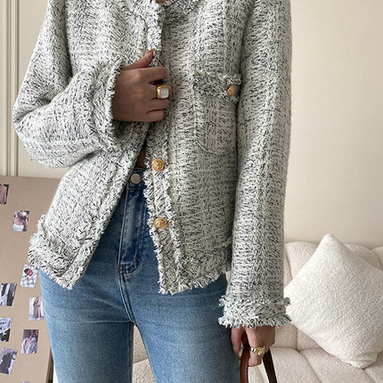 Onbely veste courte en tweed boutonnage avec poches col rond femme mode