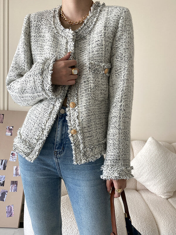Onbely veste courte en tweed boutonnage avec poches col rond femme mode