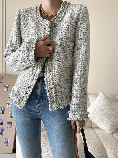 Onbely veste courte en tweed boutonnage avec poches col rond femme mode