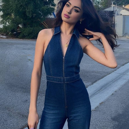 Onbely combinaisons femme en jean v cou sans manches élégant vintage mode casual