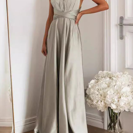 Onbely Robe de soirée longue grise à col en V et dos nu