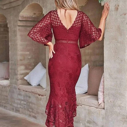 Onbely robe femme longue en dentelle sirene swallowtail col rond manches trompette manches courtes style elegant invite mariage