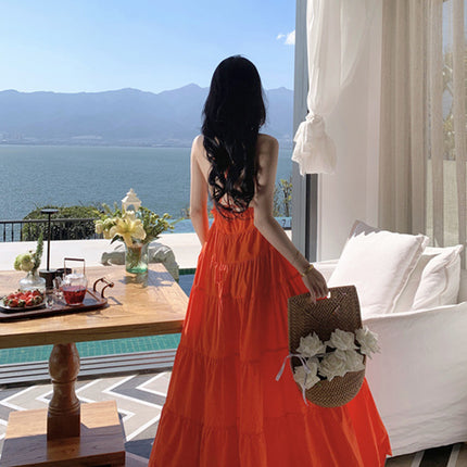 Onbely robe maxi longue à fines brides dos nu de plage orange