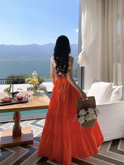 Onbely Orange Long Maxi Dress with Thin Straps and Open Back Beach Dress