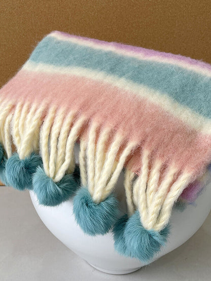 Onbely écharpe rayures arc-en-ciel mohair avec pompons - onbely