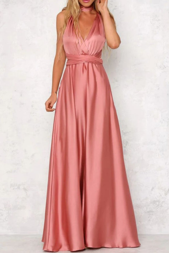 Onbely robe de soirée longue unicolore dos nu col en V licou/ras-du-cou taille élastique élégant invité mariage bal de promo