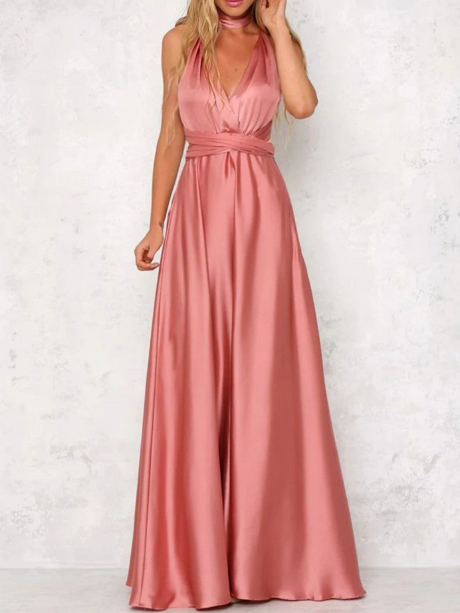 Onbely robe de soirée longue unicolore dos nu col en V licou/ras-du-cou taille élastique élégant invité mariage bal de promo