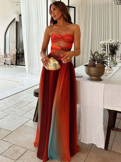 Onbely robe longue trapèze imprimé à fleurie plissé bustier col bateau mode tous les jours vacances