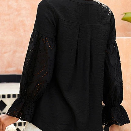 Onbely blouse broderie anglaise à volantée fluide boutonnage v-cou manches bishop femme élégant chemisier