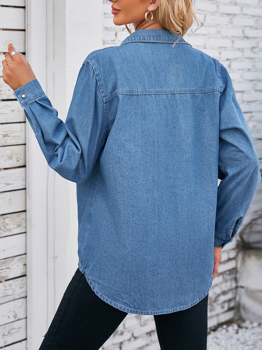 Onbely Casual Long Sleeve Denim Shirt with Pockets