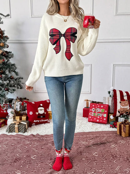 Pull de Noël à épaules tombantes avec nœud
