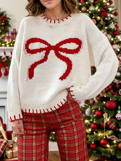 Pull de Noël à col rond et manches longues avec nœud