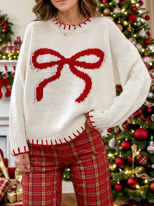 Pull de Noël à col rond et manches longues avec nœud