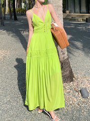 Onbely maxi long beach evening dress with thin green straps for a wedding ceremony for women