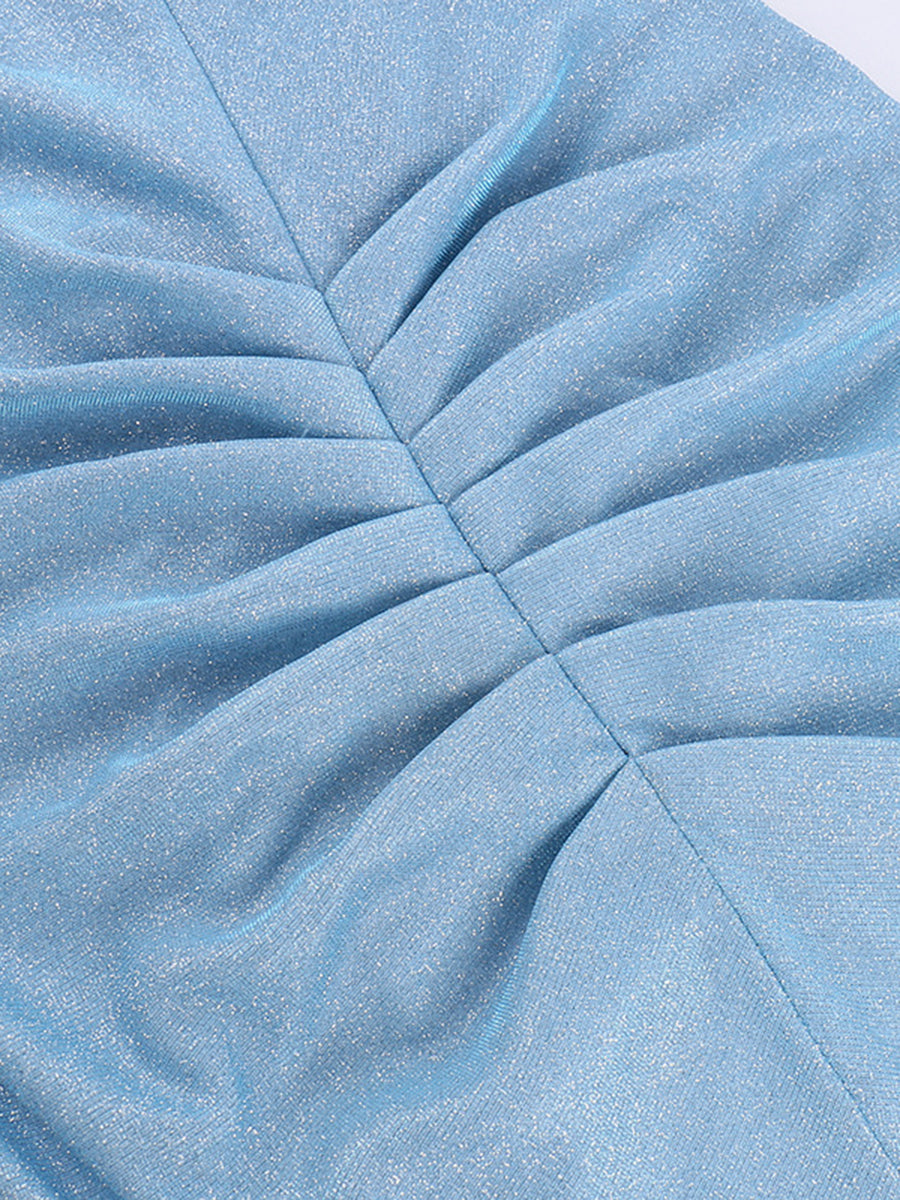 Onbely Robe de soirée longue et moulante brillante paillette à fines brides bleue