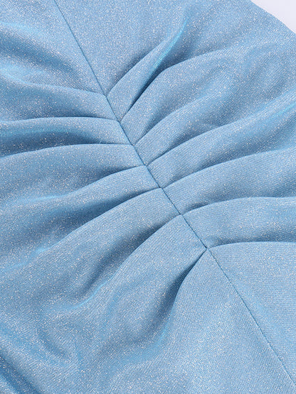 Onbely Robe de soirée longue et moulante brillante paillette à fines brides bleue