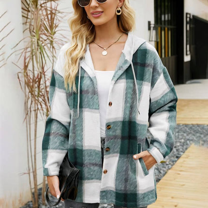 Onbely surchemise femme à carreaux avec capuche boutonnage poches manches longues style vintage décontracté veste