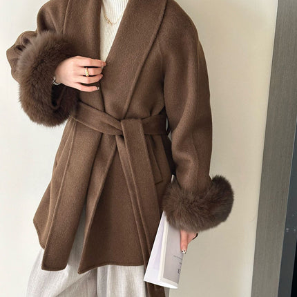 Onbely manteau en laine courte fausse fourrure avec ceinture pour femme