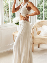 Onbely Sleeveless V-Neck Drawstring Top and Wide Leg Pants Set in Beige Linen