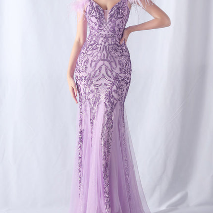 Onbely robe de soirée maxi longue en paillettes brillantes avec plumes pour un mariage femme cérémonie