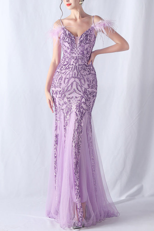 Onbely robe de soirée maxi longue en paillettes brillantes avec plumes pour un mariage femme cérémonie