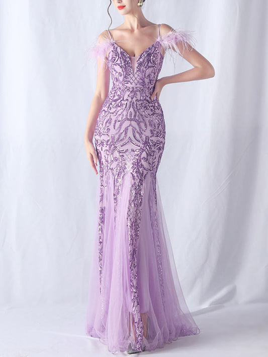 Onbely robe de soirée maxi longue en paillettes brillantes avec plumes pour un mariage femme cérémonie