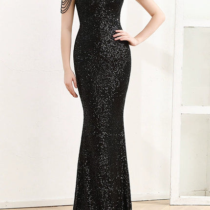 Onbely robe de soirée longue moulante sirene brillante paillette v-cou mode