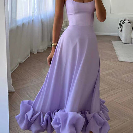 Onbely robe longue bustier à fines brides avec volants, élégante et douce pour cocktail et bal de promo