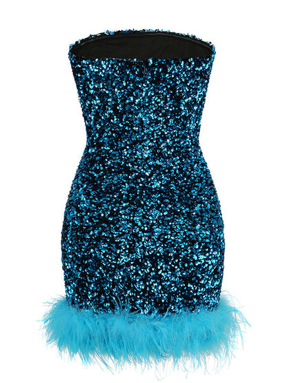 Onbely mini-robe mode brillante paillette plumes bleu - onbely