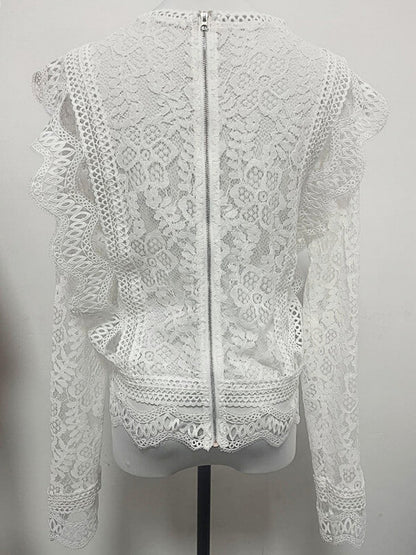 Onbely hauts broderie anglaise avec fermeture éclair col rond élégant femme