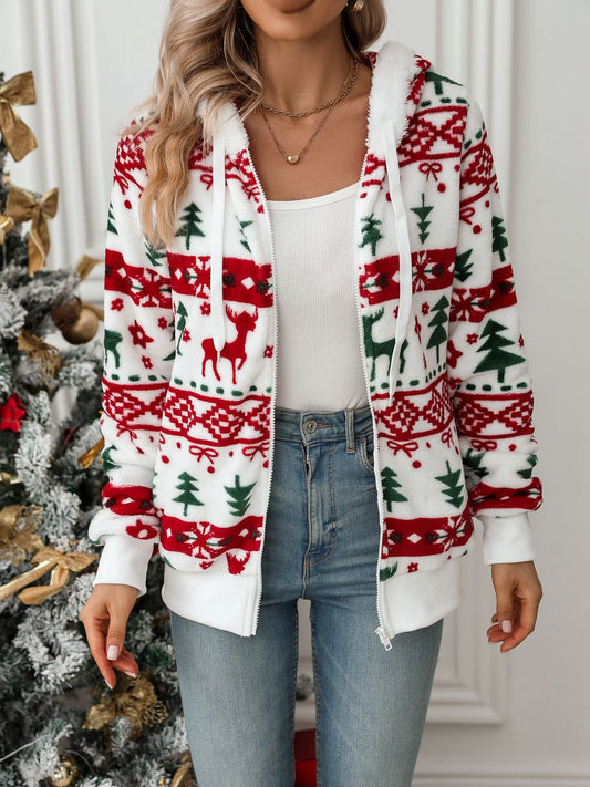 Veste à capuche zippée avec cordon et motifs de Noël