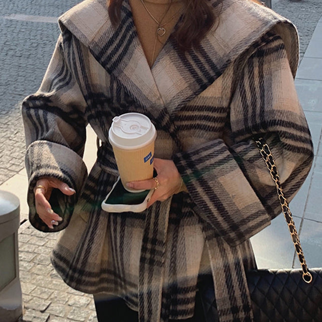 Onbely manteau en laine carreaux avec ceinture col marin femme mode