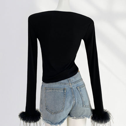 Onbely Haut Mode pour Femme avec Plumes et Manches Longues en Coton et Polyester