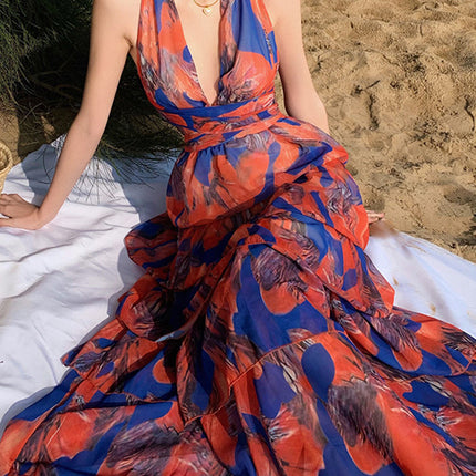 Onbely robe maxi longue licou froufrou dos nu orange