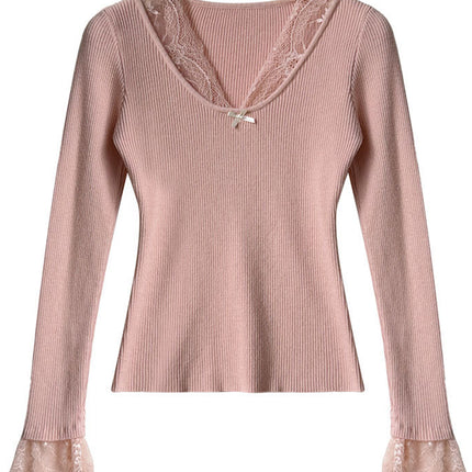 Onbely pull en maille dentelle Col en V manches évasées femme élégant